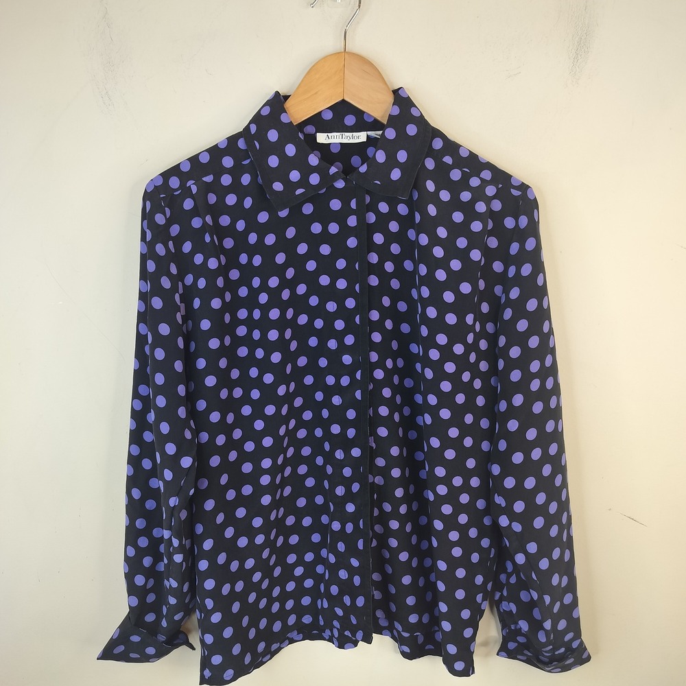 Vtg Ann Taylor Silk Polka Dot Blouse 8 Womens Black Purple Office Dark Academie